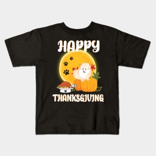 Pomeranian Seeing Turkey Dish Happy Halloween Thanksgiving Merry Christmas Day Kids T-Shirt